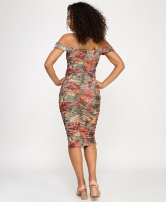 Juniors' Floral Off-Shoulder Ruched Mesh Midi Dress