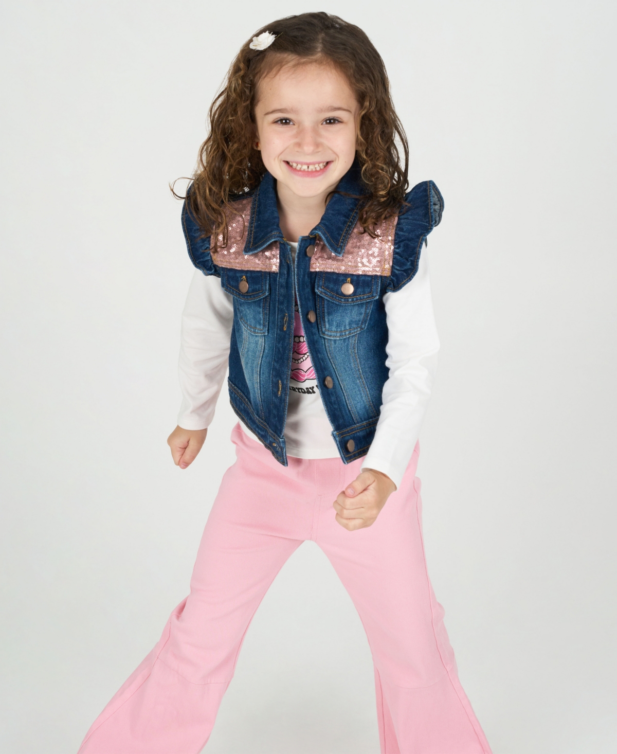 Rare Editions Little Girls 3-piece Cake Printed T-shirt, Demin Vest And Flared Twill Pants Set In Blue
