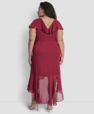 Plus Size V-Neck Ruffled High-Low Hem Dress