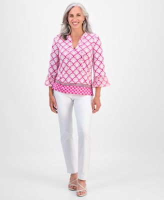 Petite Geometric-Print Split-Neck Top, Exclusively at Macy's 
