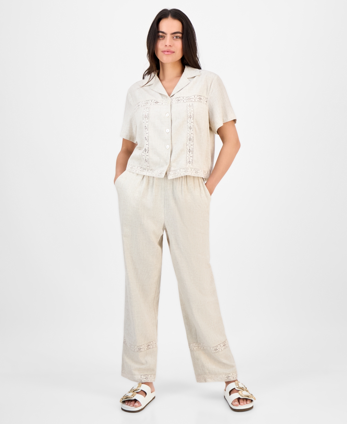And Now This Petite Linen-blend Camp Shirt, Exclusively At Macy's In Neutral