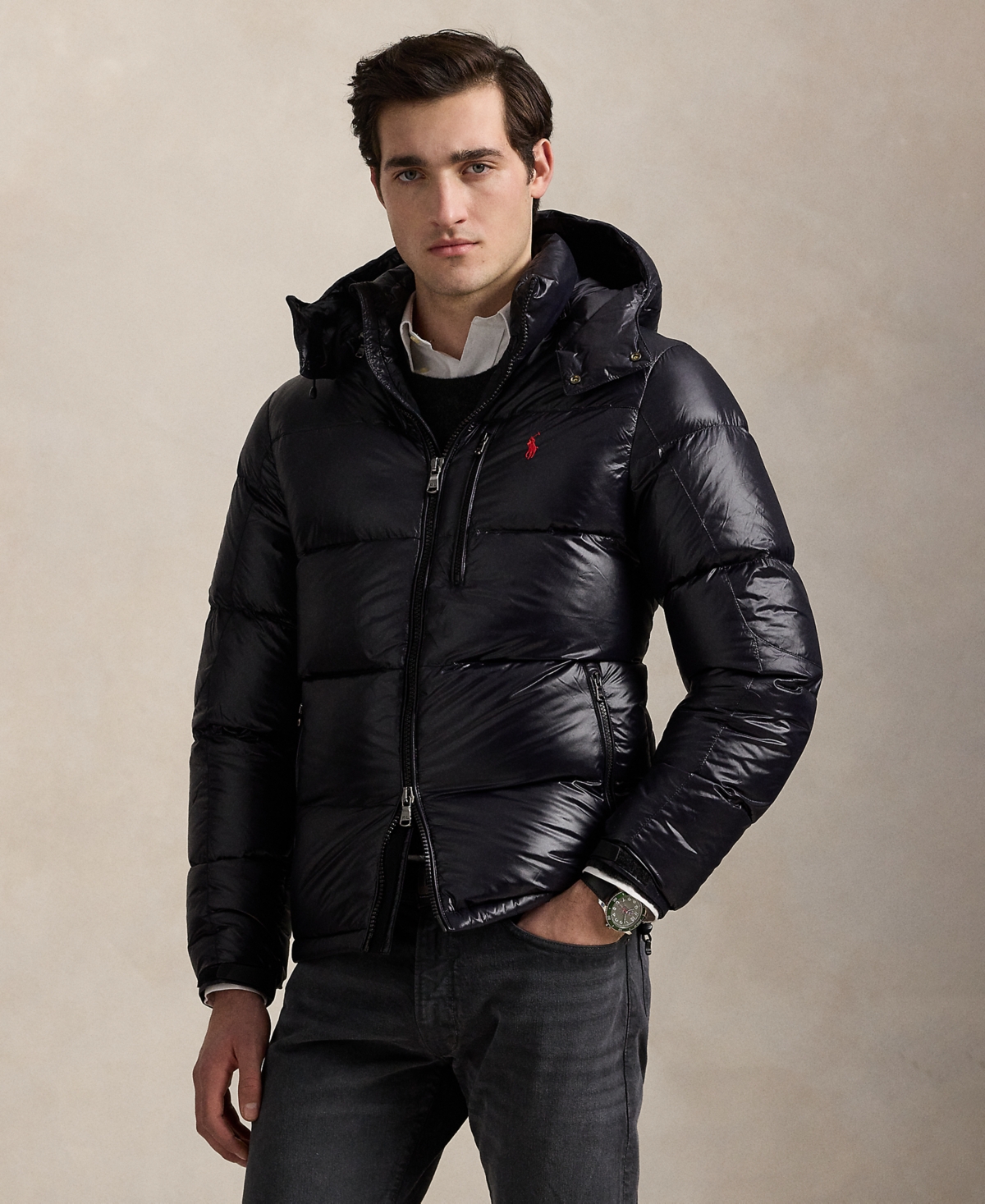Polo Ralph Lauren Classic Black Bomber Jacket With Ribbed Trim And Structured Fit In Black