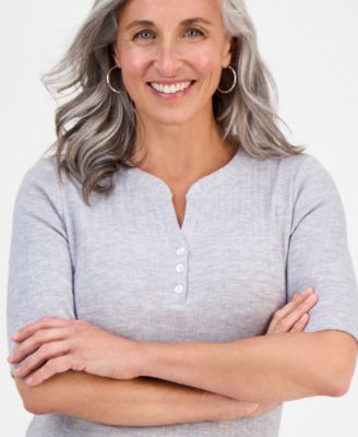 Petite Pointelle Elbow-Sleeve Henley Knit Top, Exclusively at Macy's 