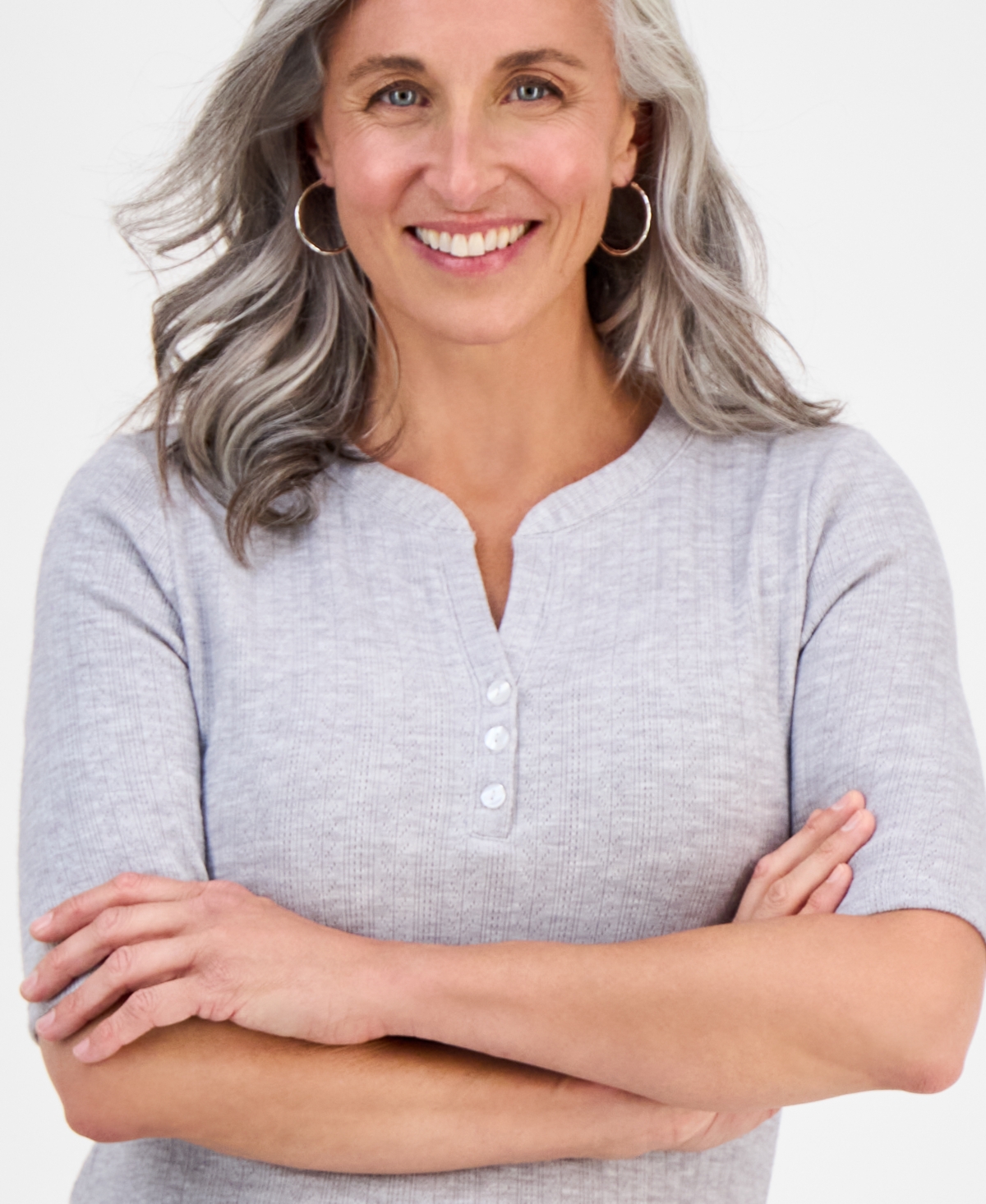 Style & Co Petite Pointelle Elbow-Sleeve Henley Knit Top, Exclusively at Macy's