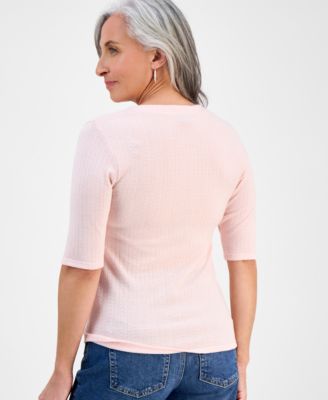 Petite Pointelle Elbow-Sleeve Henley Knit Top, Exclusively at Macy's 