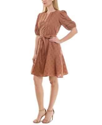 Petite Split-Neck Puff-Sleeve Fit & Flare Dress