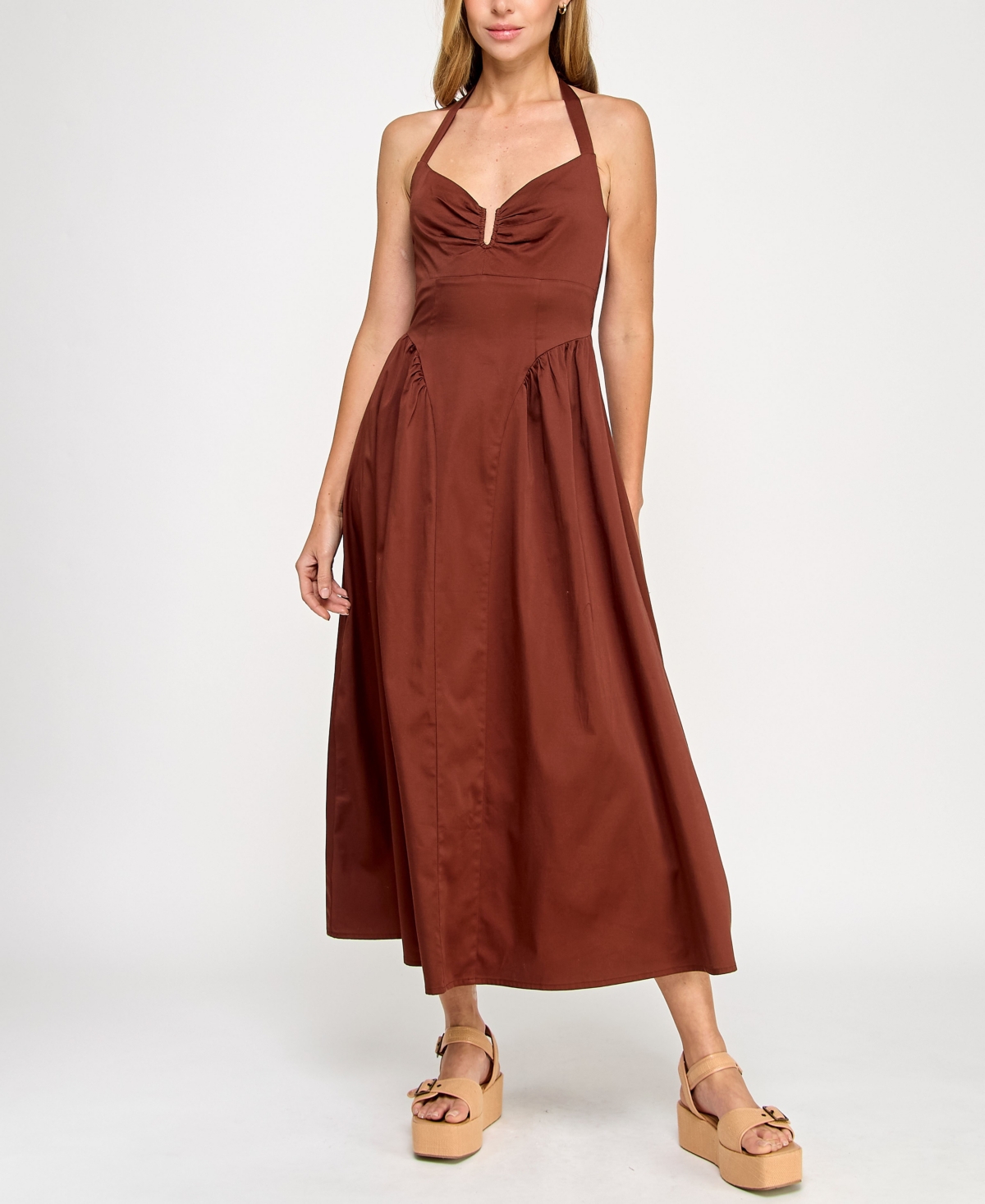 Beauty & Grace/K&K Clothing Llc Juniors' Sateen Halter Maxi Dress - Chocolate