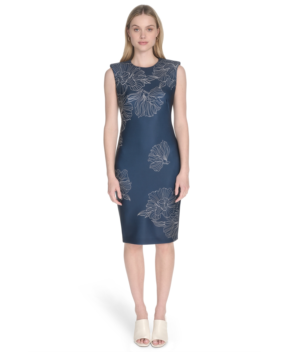 Calvin Klein Petite Sleeveless Scuba Sheath Dress In Blue