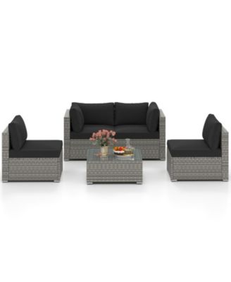 5-Piece Outdoor Patio Sectional Sofa Couch and Glass Coffee Table with Cushions
