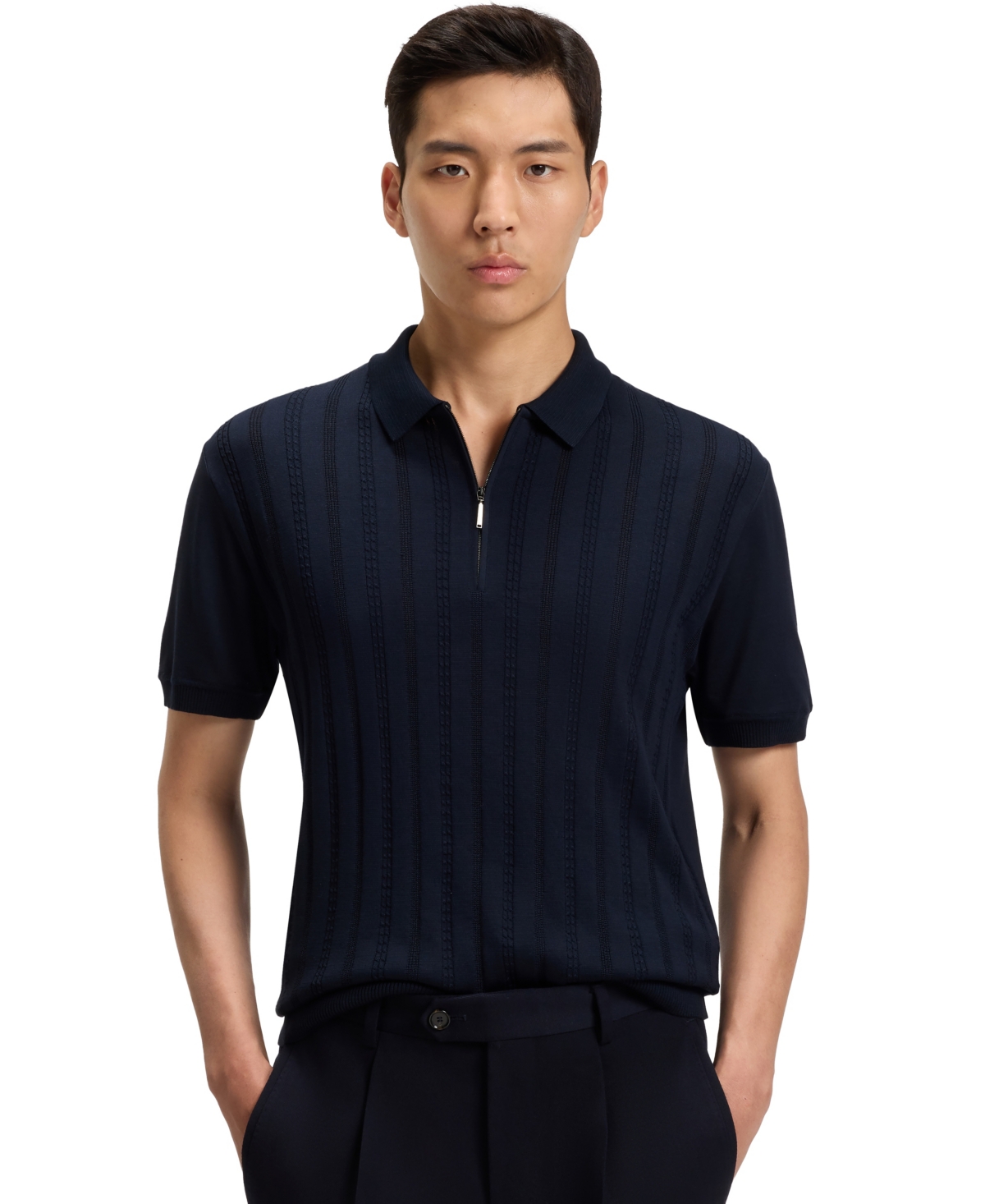 Boss by Hugo Boss Men's Cabled Front Cotton-Silk Knit Polo Shirt - Dark Blue