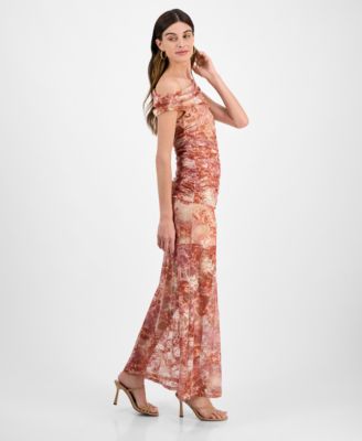 Juniors' Sheer Floral-Print Off-The-Shoulder Midi Dress