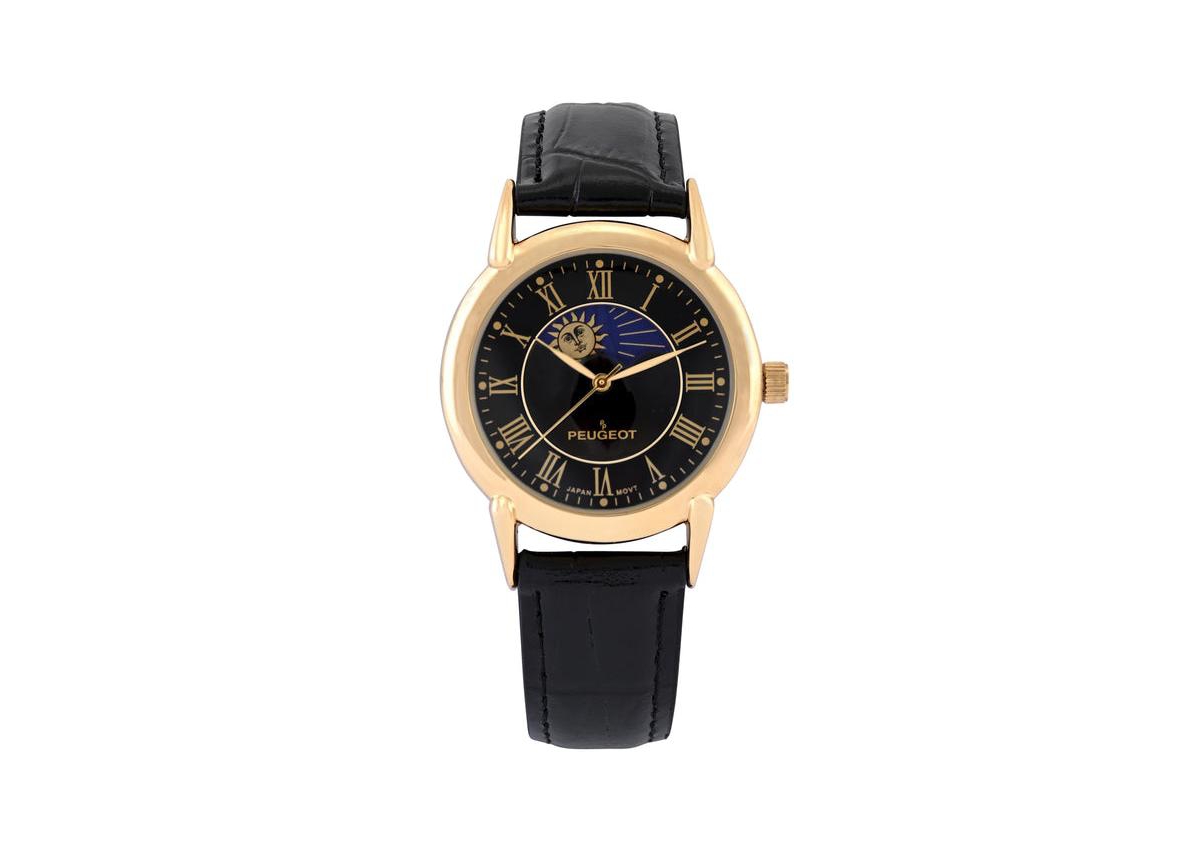Men's 40mm Vintage Black Dial Sun Moon Black Leather Strap Watch