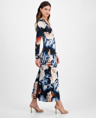Juniors' Long-Sleeve Floral-Print Ruched-Front Dress