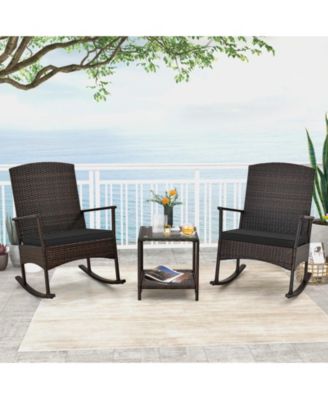 3 Piece Patio Rocking Set Wicker Rocking Chairs with 2-Tier Coffee Table