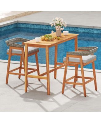 Acacia Wood Counter Height Table with Slatted Tabletop and Footrest Crossbar