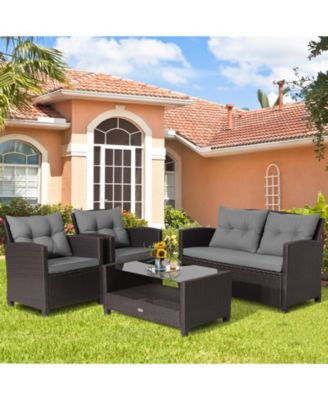 4 Pieces Patio Rattan Conversation Furniture Set with Glass Top Coffee Table