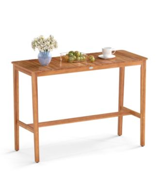 Acacia Wood Counter Height Table with Slatted Tabletop and Footrest Crossbar