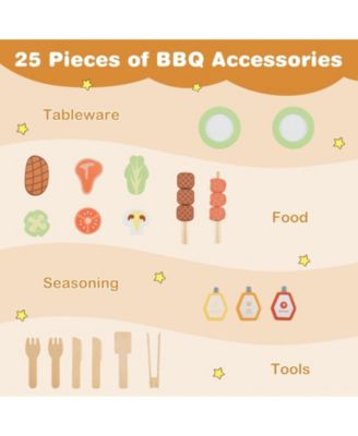 Kids Wooden Barbecue Grill Playset Pretend Kitchen with Food and Wheels