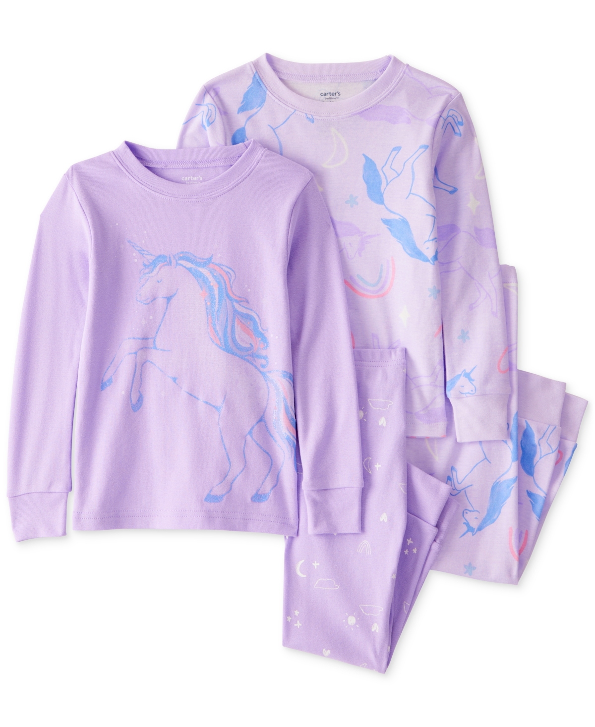 Carter's Toddler Girls Unicorn-print Snug-fit Cotton Pajamas, 4 Piece Set In Purple