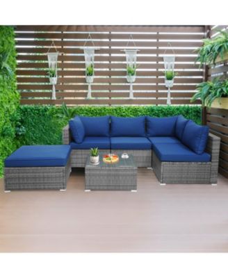 6 Pieces Outdoor Rattan Sofa Set with Seat and Back Cushions