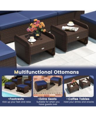 2-Piece Outdoor PE Wicker Ottomans with Removable Cushions for Patio or Garden