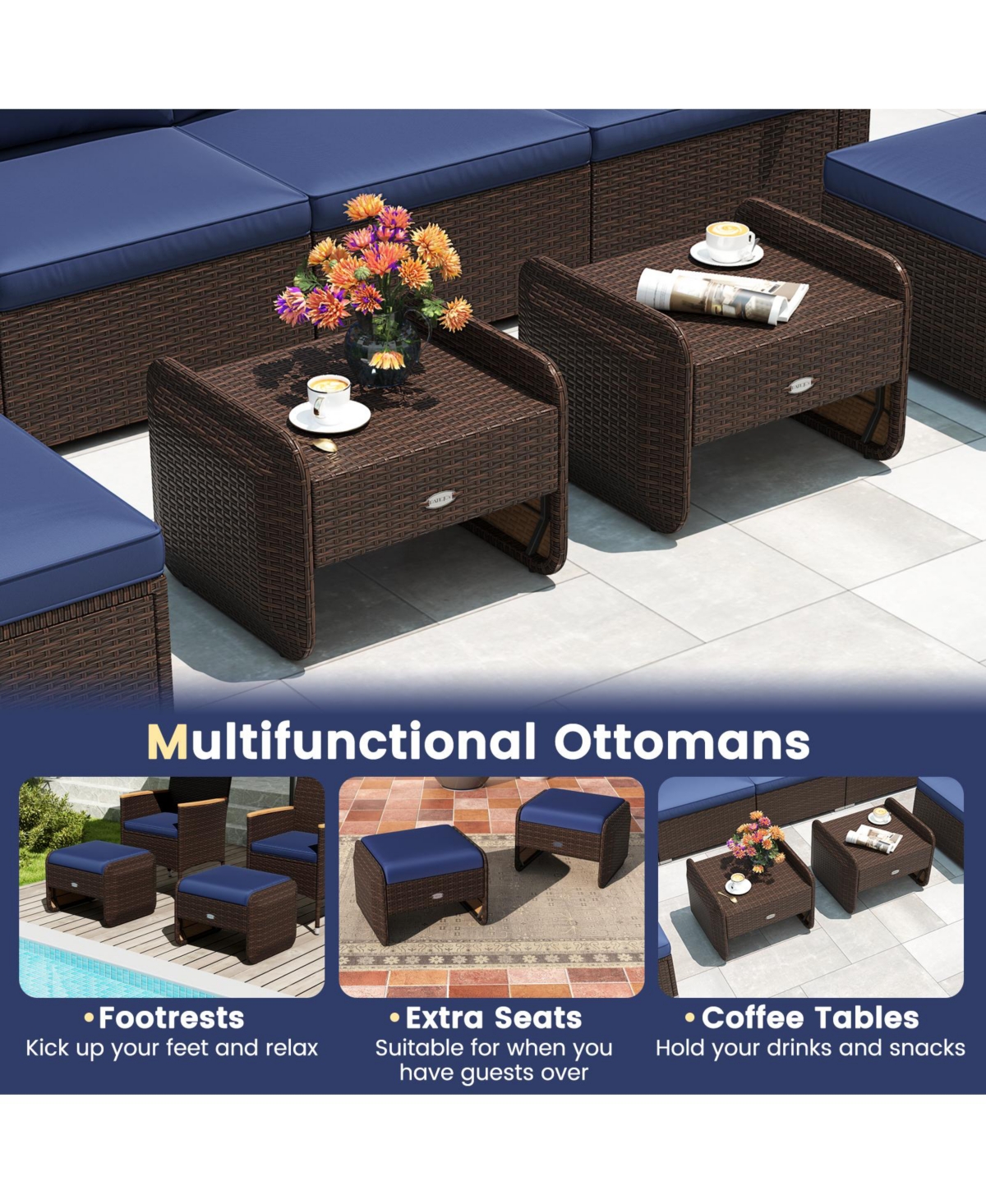 2-Piece Outdoor Pe Wicker Ottomans with Removable Cushions for Patio or Garden