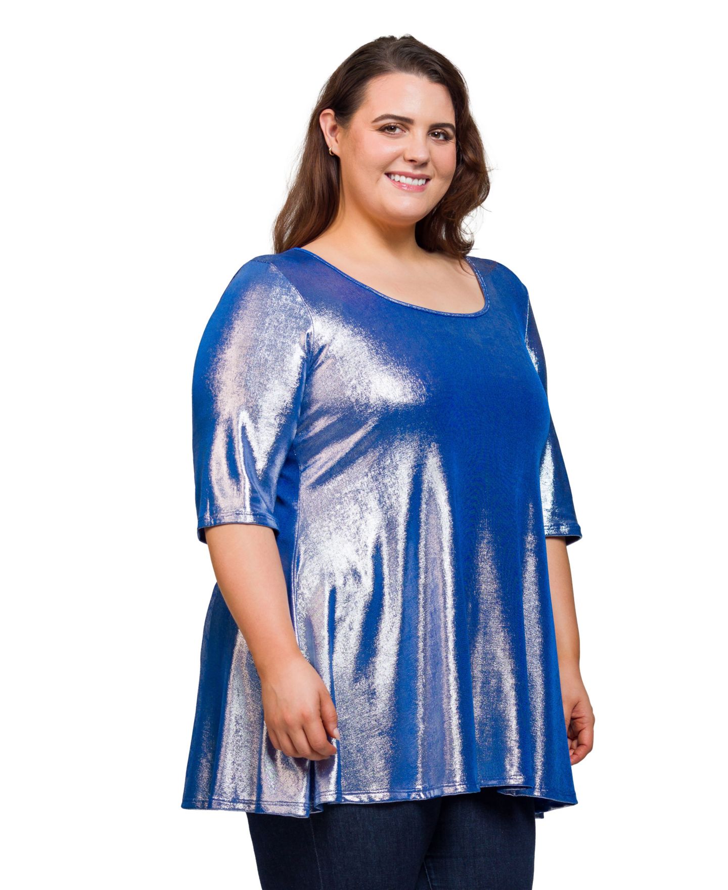 Женский топ 24seven Comfort Apparel Plus Size Scoop Neck Flared Tunic Top, цвет: Синий — фото 3