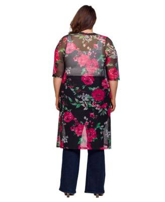 Plus Size Sheer Floral Knee Length Duster Cardigan Sweater