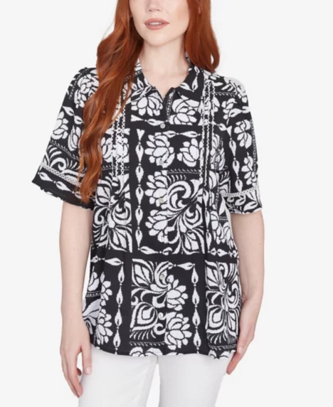 Petite Lotus Patchwork Button Front Camp Shirt - Black/White