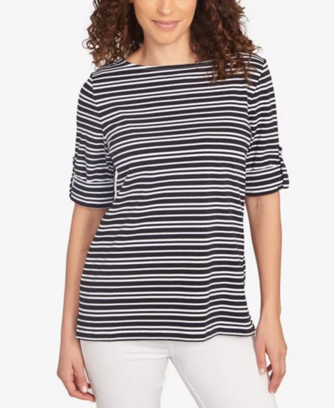 Petite Variegated Stripe Knit T Shirt - Black/White