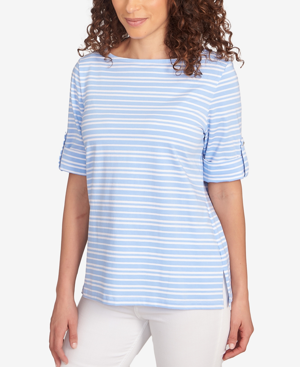 Petite Variegated Stripe Knit T Shirt - Chambray Blue Multi