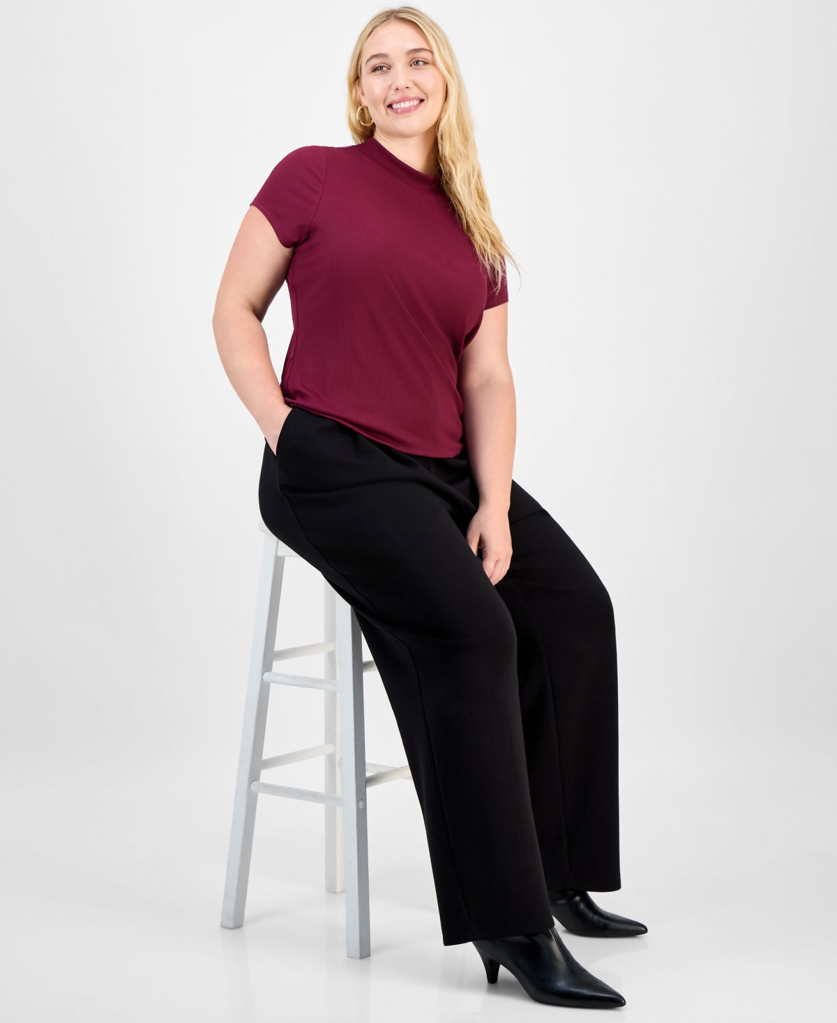 Bar Iii Trendy Plus Second-skin Short-sleeve Mock-neck Top, Macy's Exclusive In Burgundy