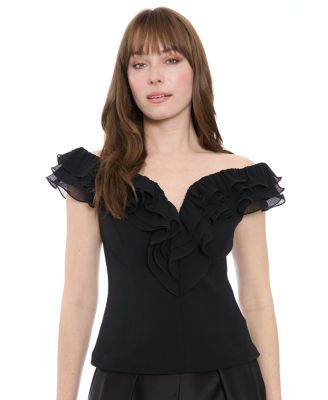 Women's Scuba Crepe Ruffled-Neckline Top