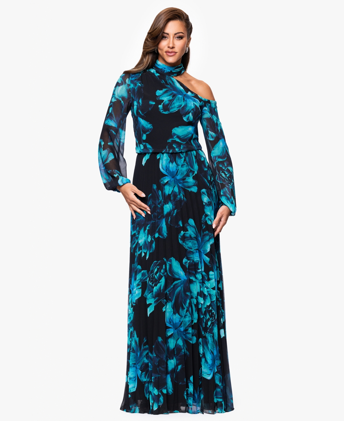 Xscape Petites Mock-neck Cutout Long-sleeve Long Sheath Dress In Blue