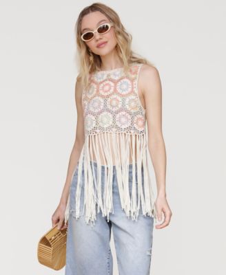Women's Crochet Fringe-Hem Crop Top