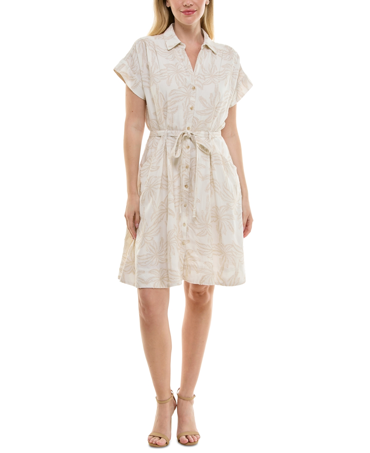Women's Short-Sleeve Sash-Tie A-Line Dress - Cream/beige