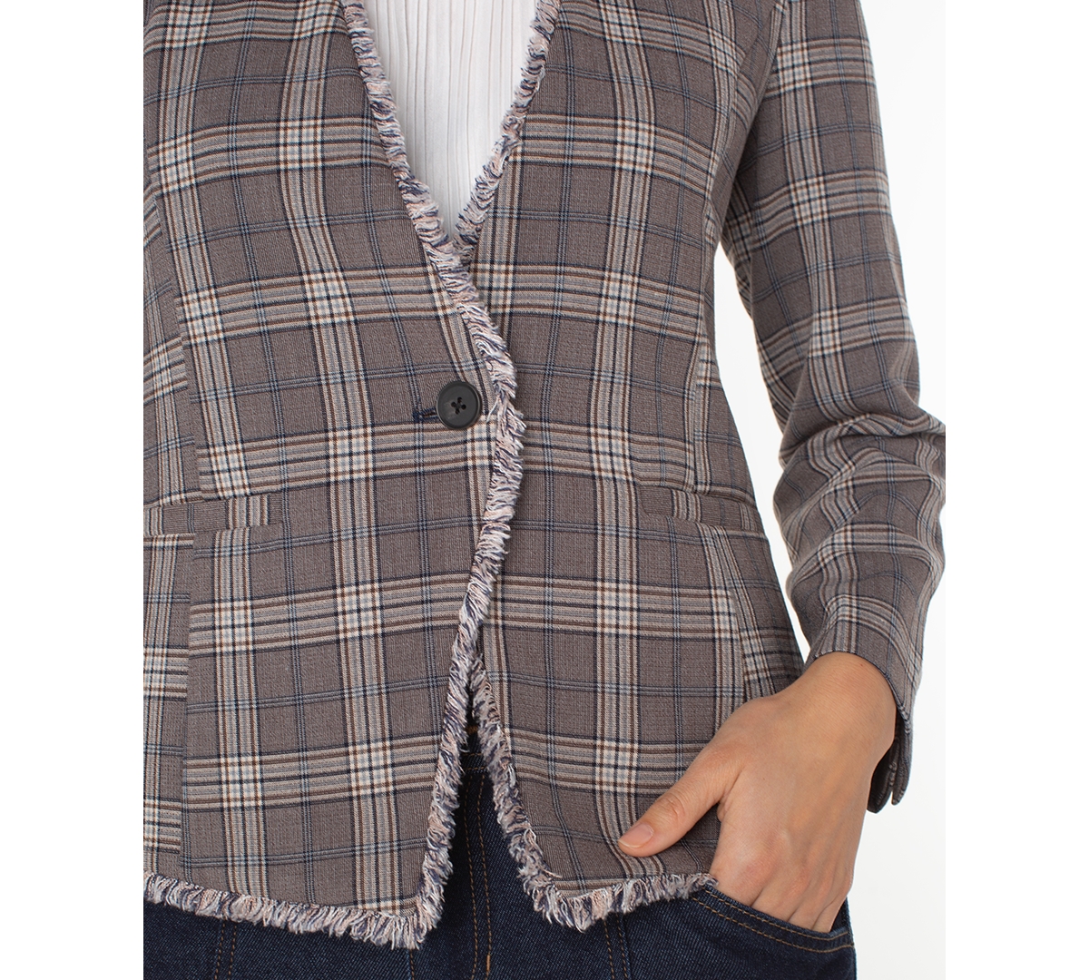 Liverpool Los Angeles Women's Collarless Fray-trim Fitted Blazer In Multi