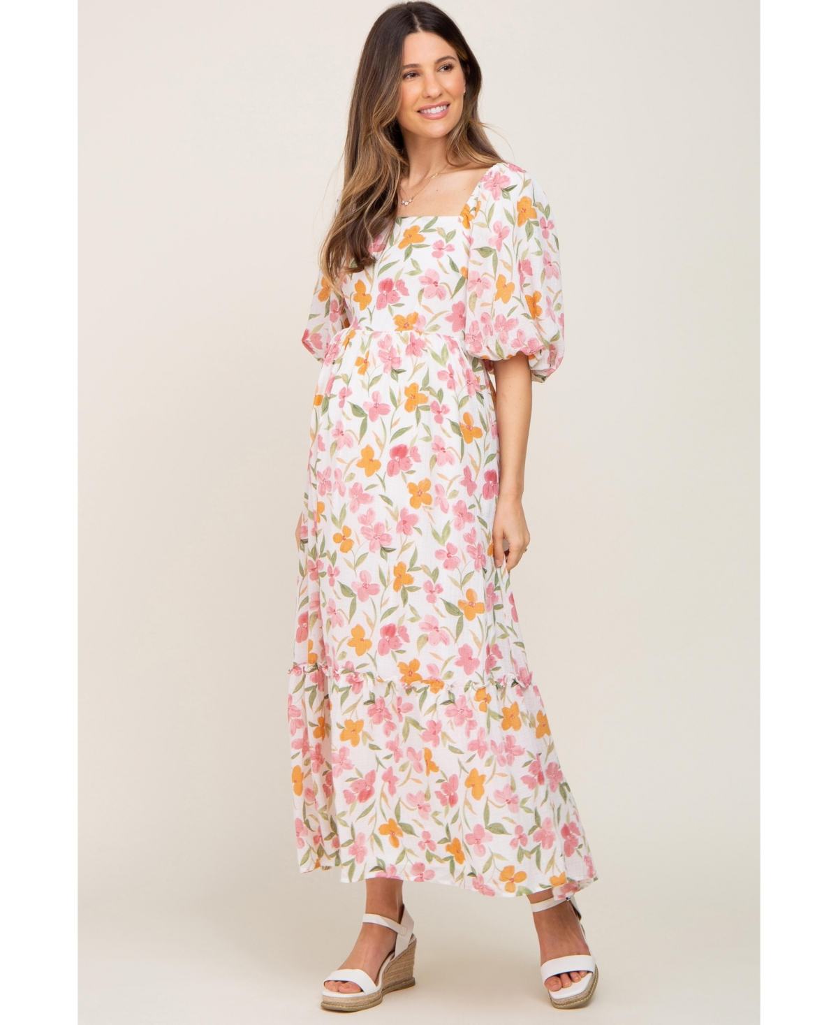 Maternity White Floral Puff Sleeve Maxi Dress - White