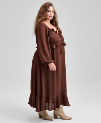 Trendy Plus Size Ruffle-Trim Long-Sleeve Dress, Macy's Exclusive 