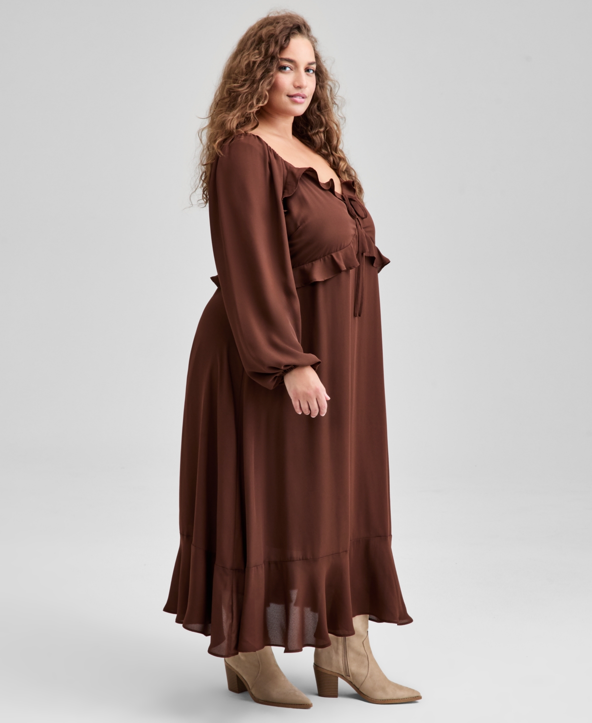 And Now This Trendy Plus Size Ruffle-trim Long-sleeve Dress, Macy's Exclusive In Brown