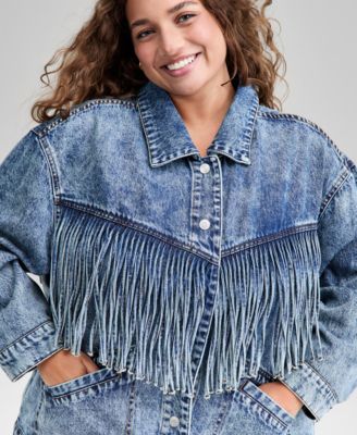 Trendy Plus Size Fringe-Trim Cotton Denim Jacket, Macy's Exclusive 