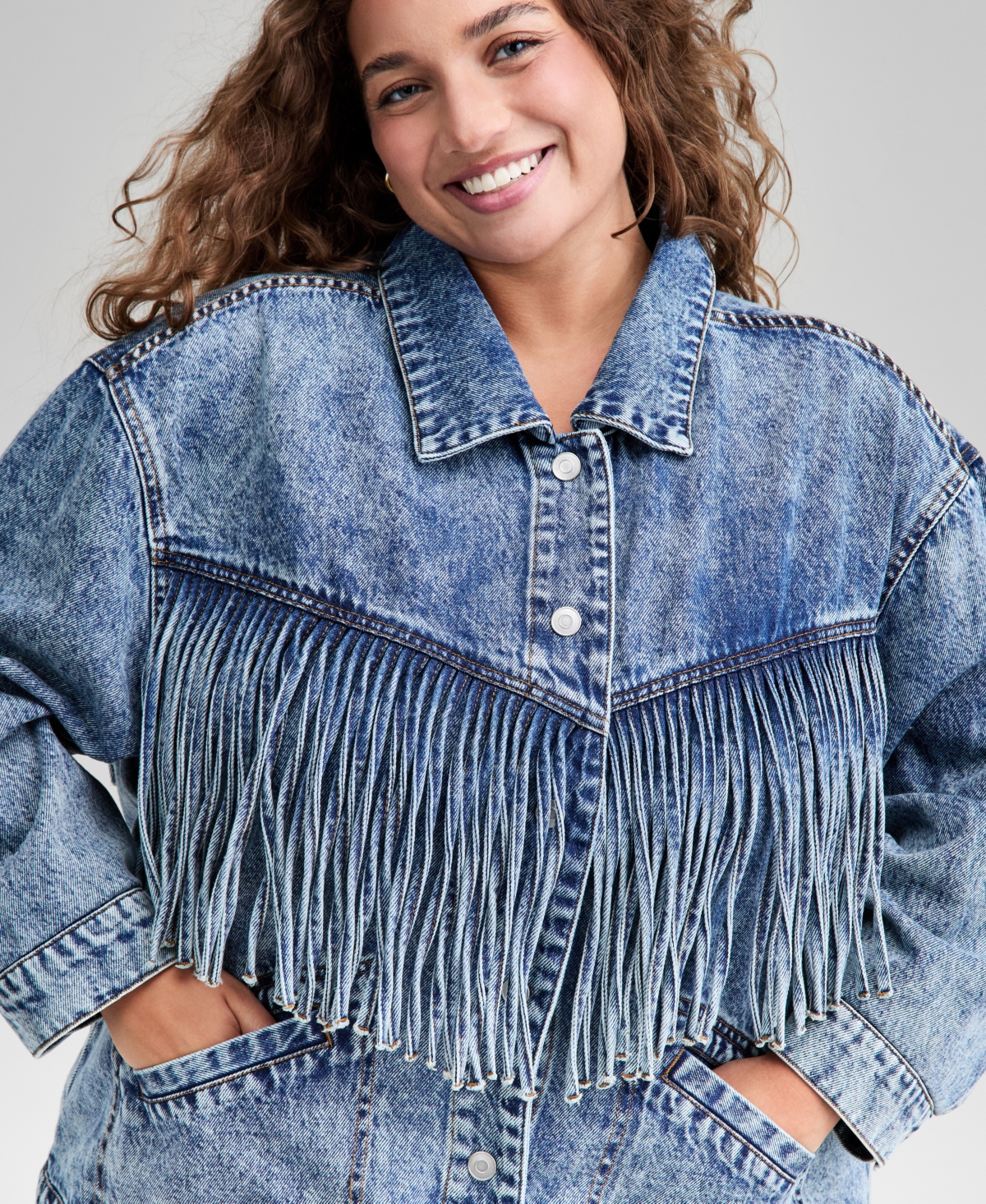 And Now This Trendy Plus Size Fringe-trim Cotton Denim Jacket, Macy's Exclusive In Blue