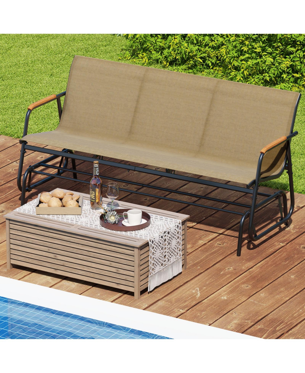 Patio Glider Bench with Curved Teak Armrests and Breathable Fabric Seat for 3 People