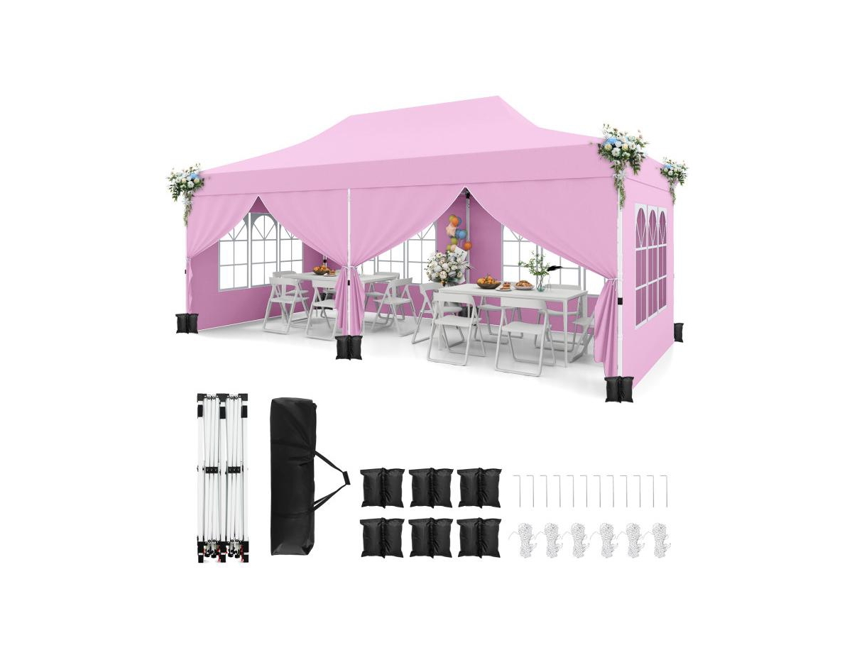 Pop up Canopy with 6 Sidewalls Windows and Carrying Bag - Pink