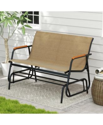 Patio Glider Bench with Curved Teak Armrests and Breathable Fabric Seat for 2 People
