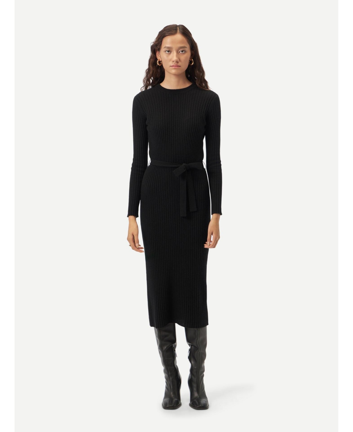 Women's Cashmere Knit Dress with Belt - S / black / WK742-1481 - Black-blue graphite