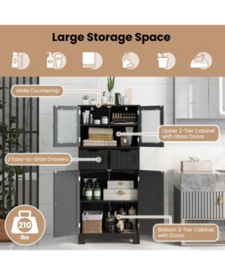 4 Door Freestanding Bathroom Floor Storage Cabinet with 2 Drawers and Glass Doors