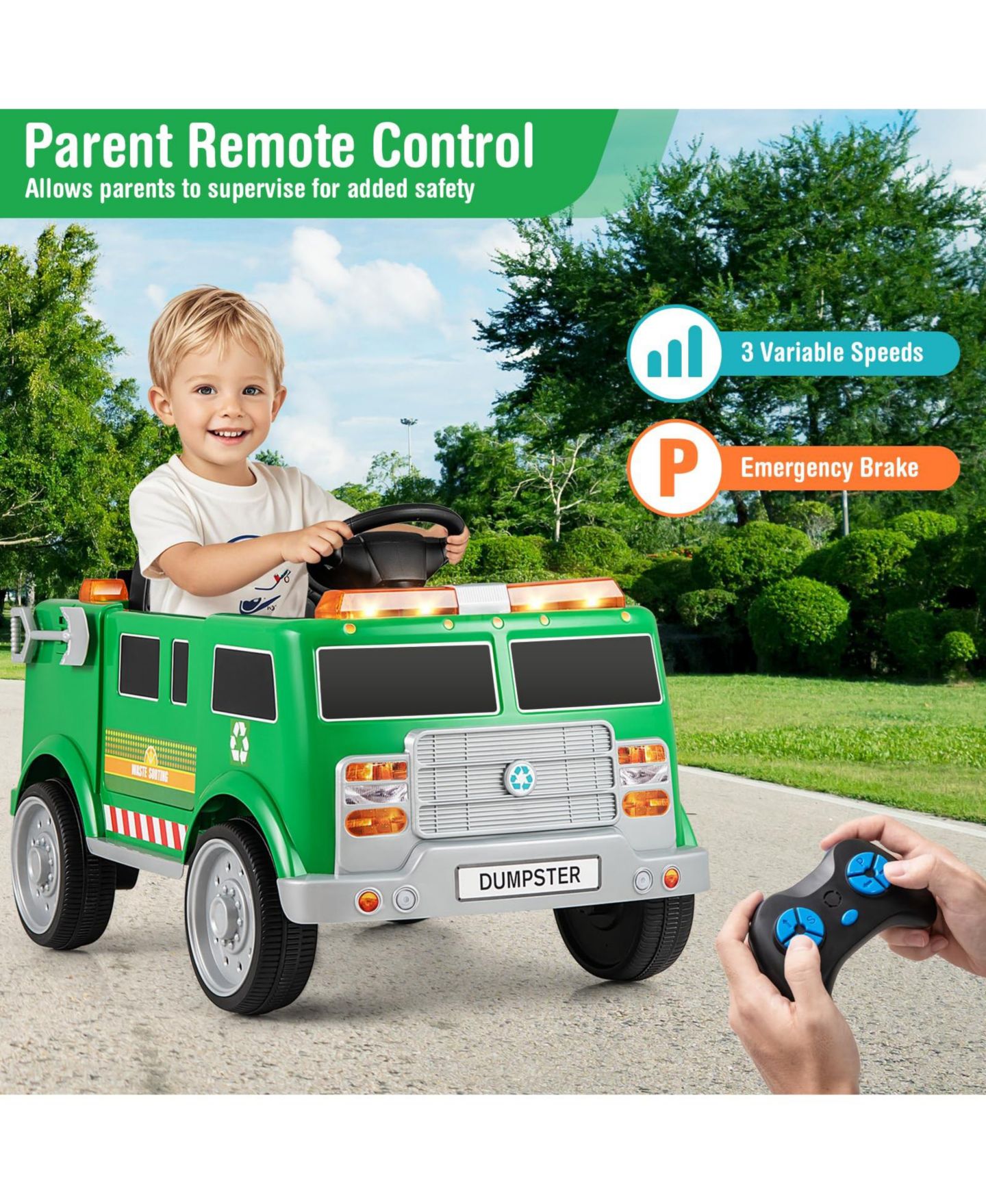 Детская игрушка Mecale 12V Battery Powered Electric Vehicle with Remote Control and Trash Bin, цвет: Зелёный — фото 5