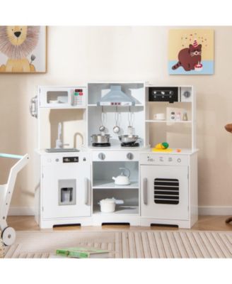 Pretend Play Kitchen Wooden Toy Set with Range Hood Real Sounds and Lights