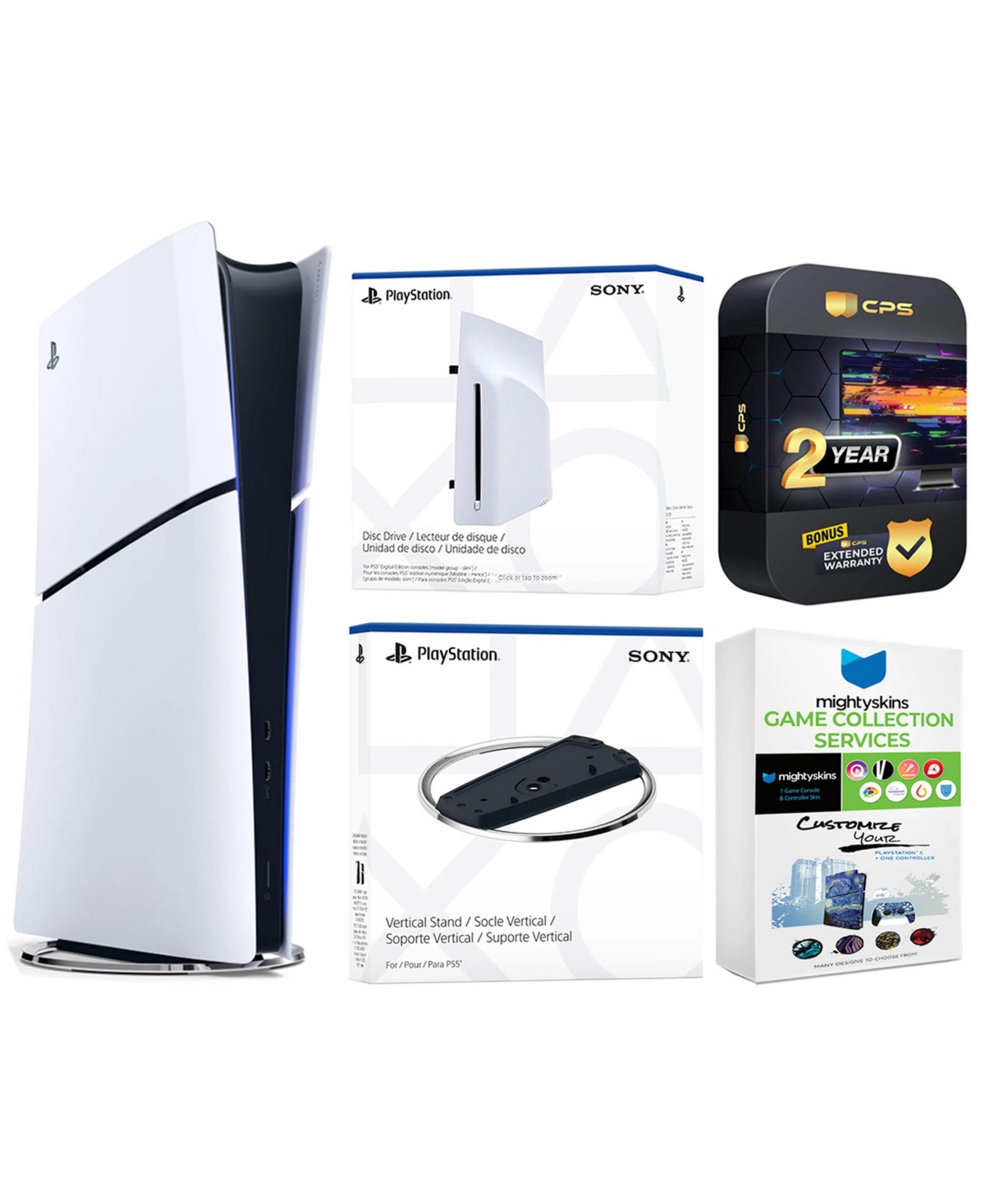 Sony PlayStation 5 Slim Digital Bundle with Disc Drive, Vertical Stand, MightySkins Game Collection Services